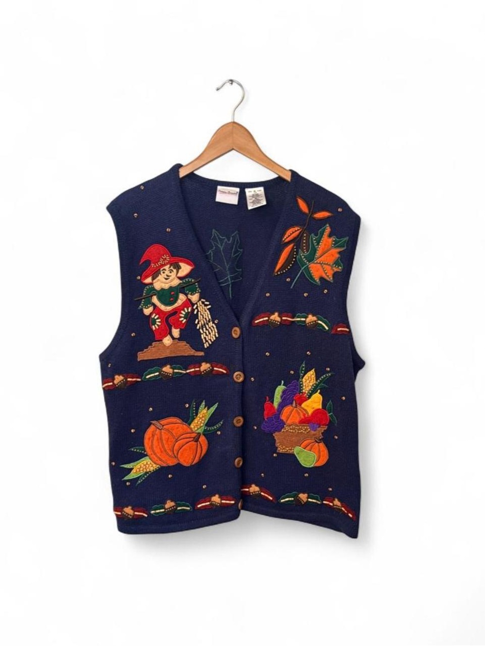 Bobbie Brooks Navy Autumn Harvest Embroidered Vest XL Halloween Fall Grannycore - Picture 2 of 8